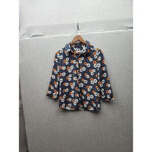 Liz Claiborne Petite Navy Floral Button-Up Blouse 3/4 Sleeve 100% Polyester Wome